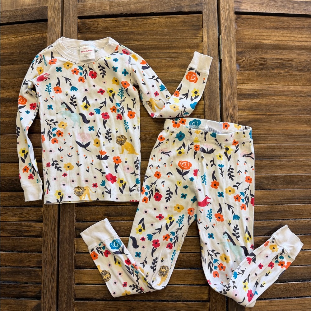 Hanna Andersson Creamy White Floral Animal Kids Pajama Set Size 5 110 cm